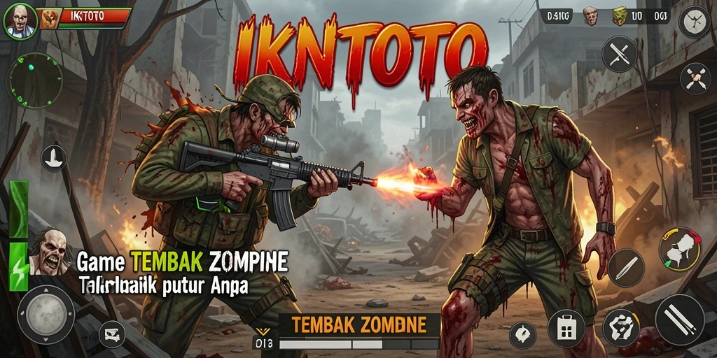 Screenshot game IKNTOTO menampilkan pertempuran melawan zombie yang intens.