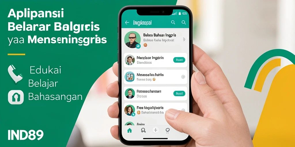 Antarmuka aplikasi IND89 menampilkan fitur belajar Bahasa Inggris yang lengkap.
