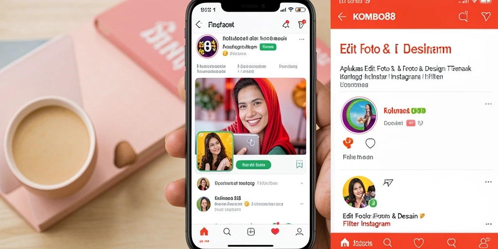 Antarmuka aplikasi KOMBO88 dengan beragam filter Instagram yang menarik.