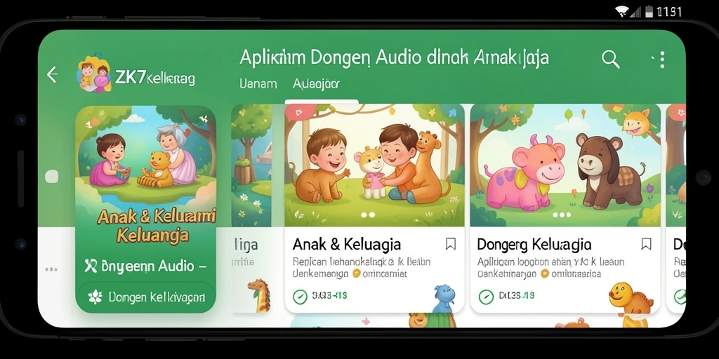 Antarmuka aplikasi ZK7 dengan pilihan dongeng audio yang menarik.
